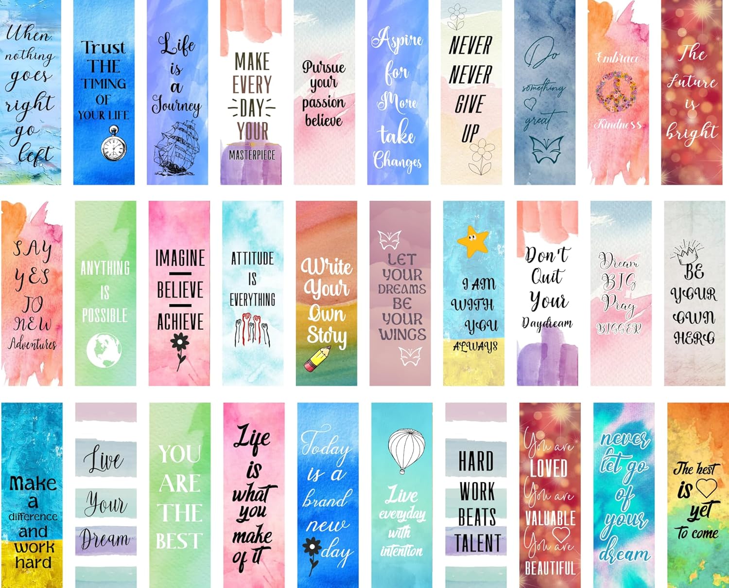 Aesthetify Inspirational Bookmarks, 30 Pieces, 350 GSM Paper, Watercolor Design with Motivational Quotes